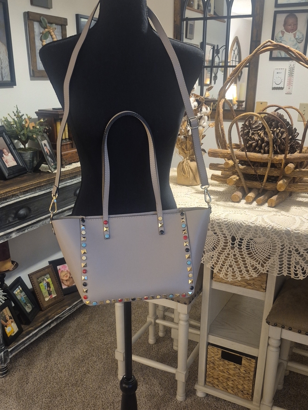 Stud-Trim Taupe Shoulder Tote Bag